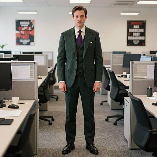 Photograph of a young, white man in a dark green suit, white shirt, and purple tie, standing in a modern office with cubicles and