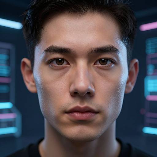 Close-up photograph of a young Asian man with short black hair, fair skin, and neutral expression, set against a futuristic, blue-lit background.