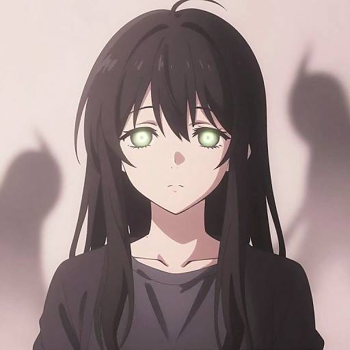 Anime-style digital illustration of a pale-skinned girl with long black hair, glowing green eyes, and a black shirt, set against a white background with