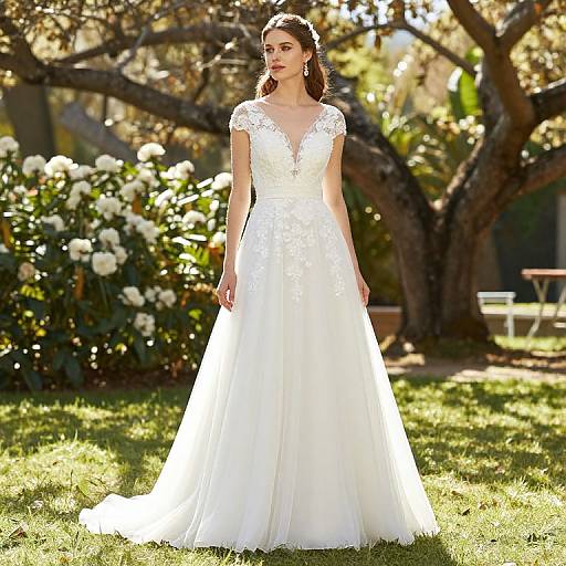 Photograph of a fair-skinned woman with red hair in a white lace, full-skirted wedding dress, standing in a sunlit garden with