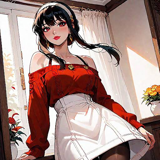 Dynamic Anime Girl in Off-Shoulder Sweater