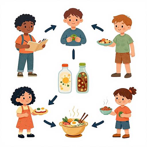 Cartoon illustration of five diverse children eating healthy food, with arrows showing food items like vegetables, soup, and juice.