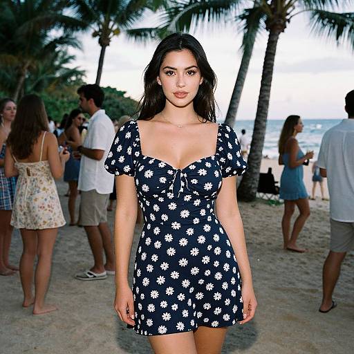 Photograph of a young woman with long dark hair, wearing a black floral dress, standing on a sandy beach with palm trees, and other beachgo