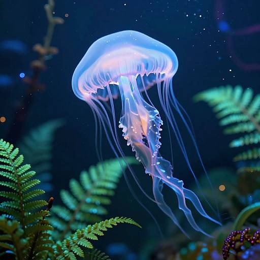 Photograph of a glowing blue jellyfish with translucent tentacles, surrounded by vibrant green fern-like sea plants in a dark, underwater setting.