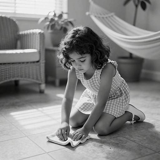 Young Girl Cleaning in Black-and-White