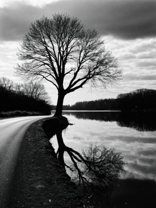 Bare Tree Silhouette by Lakeside Road