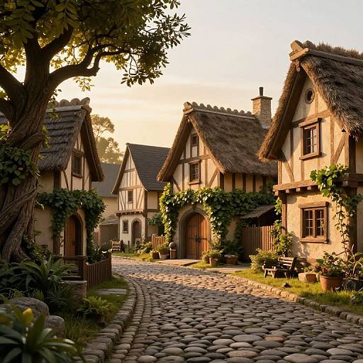 Photograph of a charming, sunlit, medieval-style village with cobblestone street, thatched roof houses, ivy-covered walls, and lush