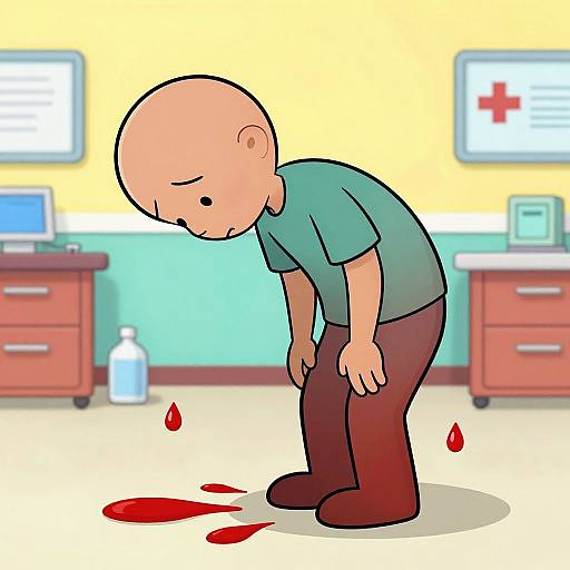 Digital cartoon of a bald, sad child in a green shirt and brown pants, bending over with blood puddles on the floor in a brightly lit medical