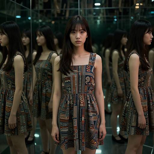 Photograph of an Asian woman with long black hair wearing a sleeveless, patterned dress, standing in front of a mirrored wall, reflecting multiple images
