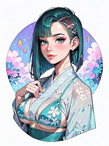 Anime Girl in Triangle Bikini and Sheer Kimono