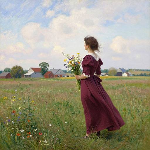 Photograph of a woman in a maroon Victorian dress holding a bouquet, standing in a vibrant meadow with wildflowers, facing rural houses under a
