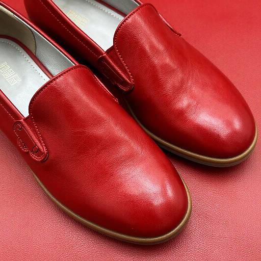 Photograph of sleek, red leather loafers with a glossy finish, placed on a vibrant red textured surface, showcasing their polished texture and elegant design.