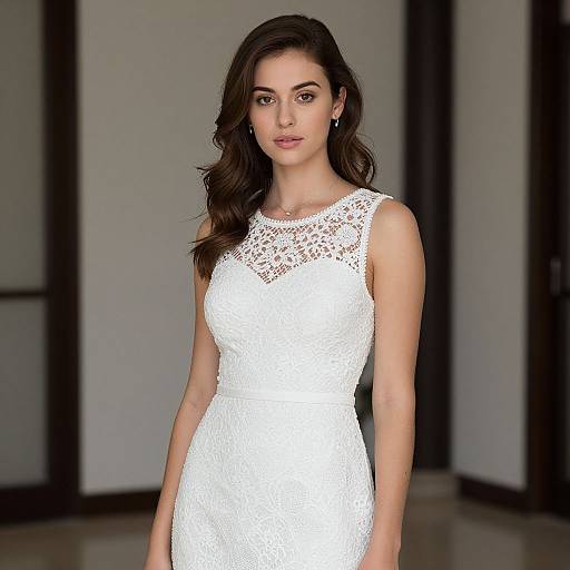 Photograph of a young woman with wavy brown hair, wearing a sleeveless, white lace dress, standing in a minimalist, dark-walled room