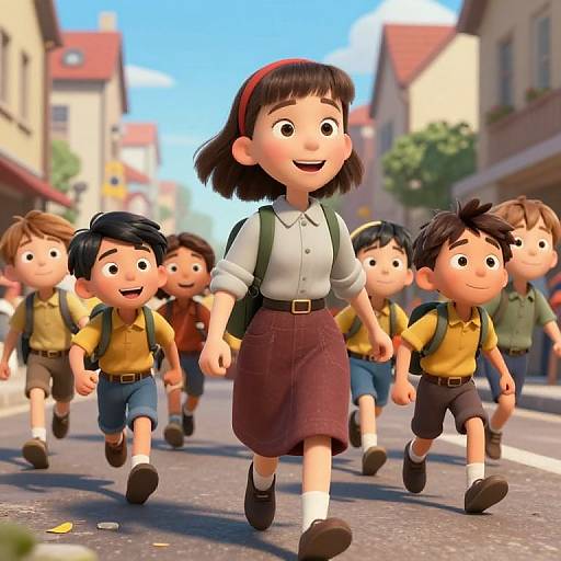 CGI image of cheerful elementary school children, led by a girl in a red headband, white blouse, maroon skirt, and green backpack,