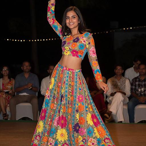 Photograph of a smiling woman with dark hair, wearing a colorful, floral long-sleeve crop top and high-waisted skirt, striking a