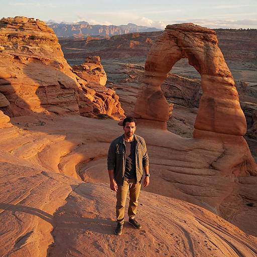 Photograph of a man with short brown hair, wearing a black jacket and beige pants, standing on a sunlit, red rock formation in a desert