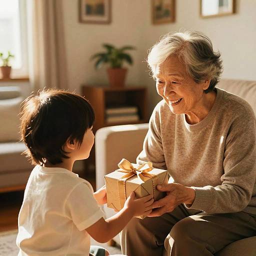 Photograph of an elderly woman with gray hair, smiling, handing a gift to a young boy with dark hair in a sunlit living room.