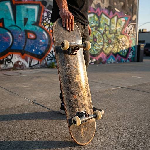 Photograph of a skateboarder's hand holding a worn, dirty skateboard against colorful graffiti-covered urban wall in bright sunlight.