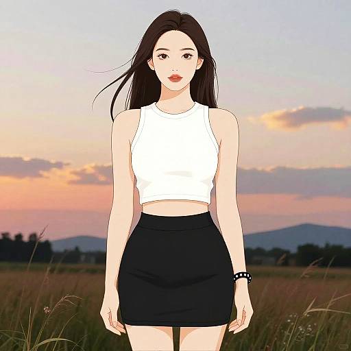 Chic Woman in Meadow at Sunset