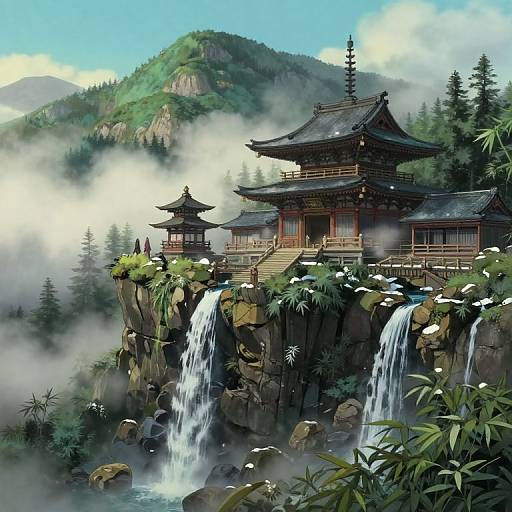 Digital painting of a traditional Japanese temple with two pagodas, nestled on a misty cliffside, with a waterfall cascading below. Lush