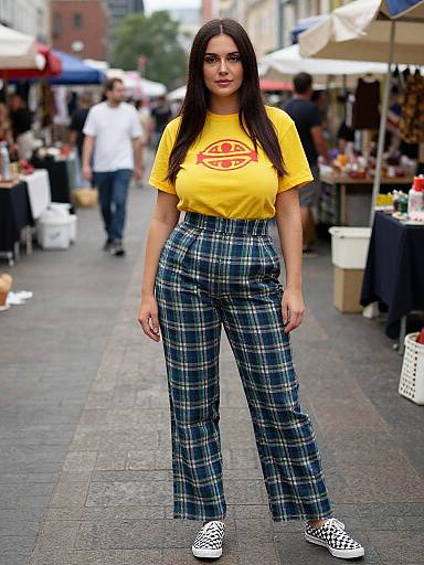 Photograph of a tall woman with long black hair, wearing a yellow T-shirt, high-waisted plaid pants, and black-and-white check