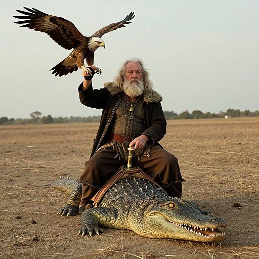 Photograph: Ancient white-bearded man with black coat and fur collar, sitting on large crocodile, holding eagle on his raised arm, in dry