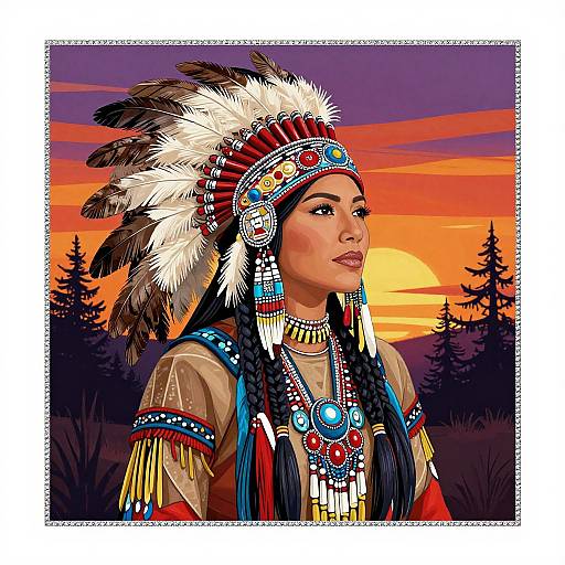 Digital painting of Native American woman in elaborate headdress, colorful jewelry, and traditional attire, set against vibrant sunset with silhouetted trees.