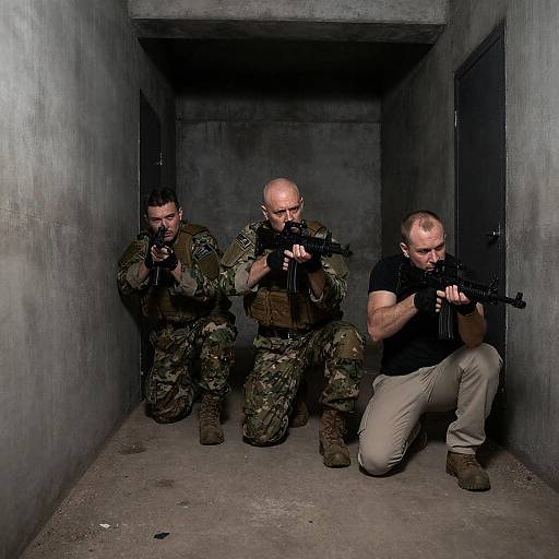 Three Soldiers Aiming Rifles in Concrete Hallway