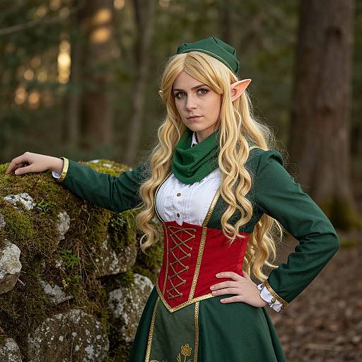 Photograph of a blonde elf woman with long wavy hair, green dress, red corset, green hat, and pointed ears, standing in a