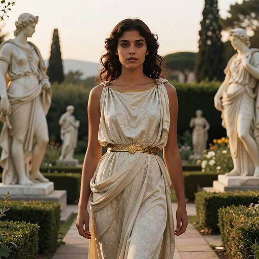 Photograph of a dark-haired woman in a shimmering, golden Greek-style dress with a gold belt, walking through a sunlit garden with classical white