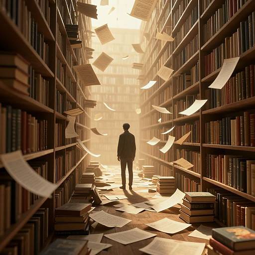 Photograph-like digital art: Silhouetted figure in suit stands in sunlit, towering library with books and papers flying, creating a magical,