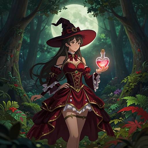Digital anime artwork of a sexy witch with long black hair, red dress, holding glowing potion, moonlit forest background.