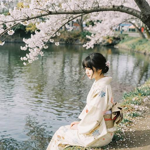 Photograph of a Japanese woman in a white kimono with floral patterns, sitting by a serene river under blooming cherry blossoms.