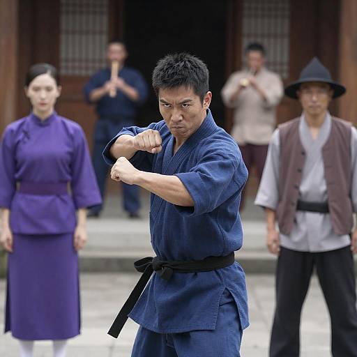 Martial Arts Fighter in Blue Robe with Traditional Musicians