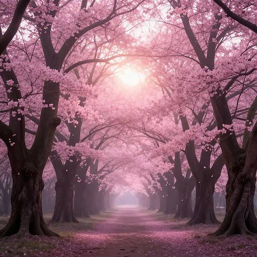 Photograph of a serene, pink cherry blossom-lined path with tall, dark trees, sunlit canopy, and petals scattered on the ground.