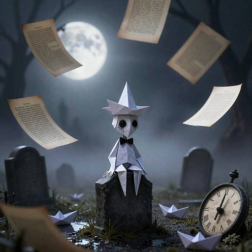 Whimsical Origami Boy on Crooked Gravestone