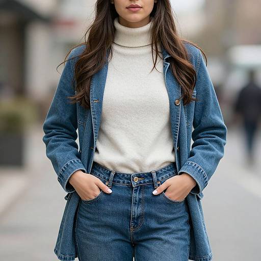 Photograph of a woman with long dark hair, wearing a white turtleneck, blue denim jacket, and high-waisted blue jeans, with