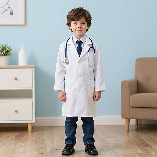 Photograph of a young boy with curly brown hair, wearing a white doctor's coat, blue tie, navy pants, and black shoes, standing in