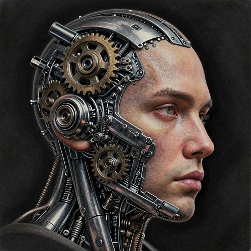 Photorealistic digital artwork of a human head with exposed metallic gears and cogs replacing the skull and neck, gazing to the side against a dark