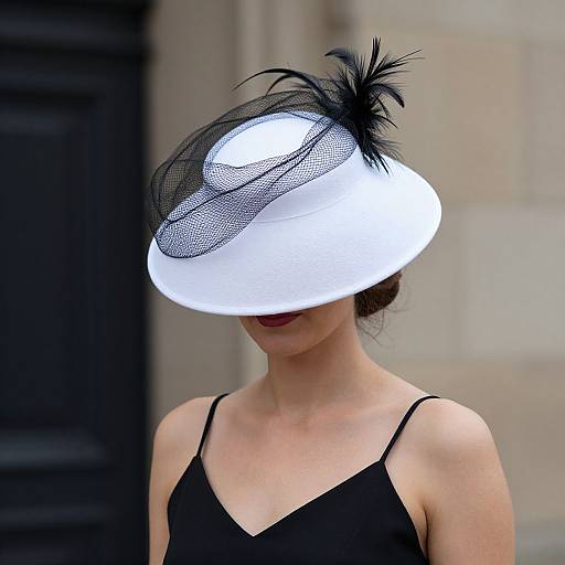 Photograph of a woman with fair skin, black dress, and white, black-feathered hat, face obscured by hat's glow, urban background