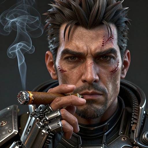 Photorealistic digital artwork of a rugged, scarred man with spiky black hair, holding a smoking cigar, wearing futuristic armor, intense gaze,