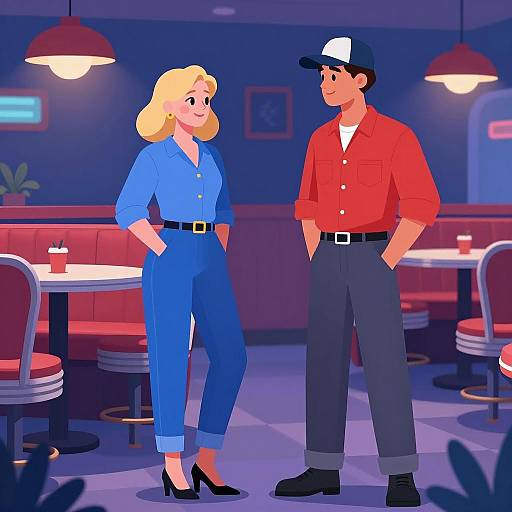 Retro Diner Scene with Couple Illustration