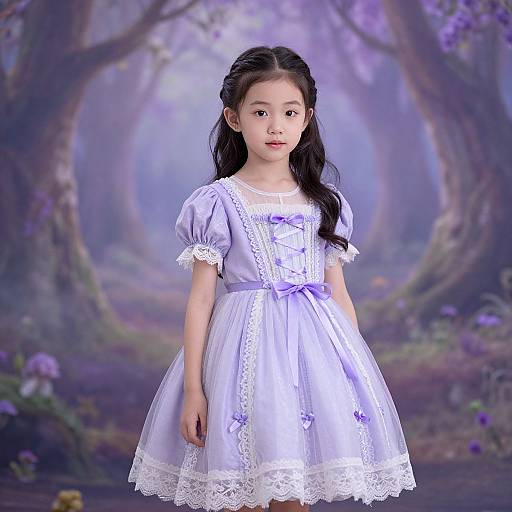 Photograph of an Asian girl with long black hair in a lavender, lace-trimmed dress, standing in a mystical, purple-hued forest.