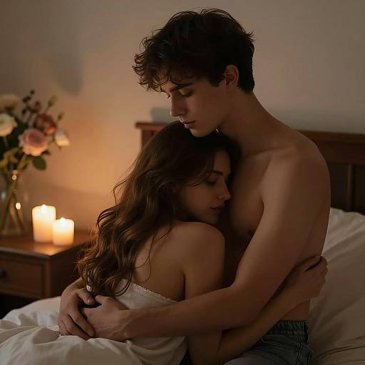 Romantic Embrace in Dim Bedroom Setting