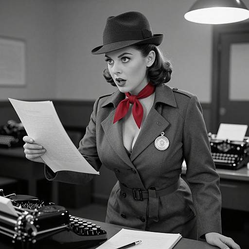 Black-and-white photograph of a 1940s-style woman in a military-style jacket, red scarf, and hat, reading a letter in an office