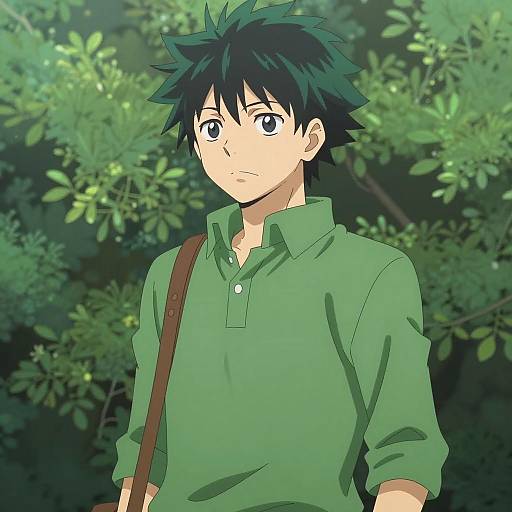 Anime Male Character with Green Hair Outdoors