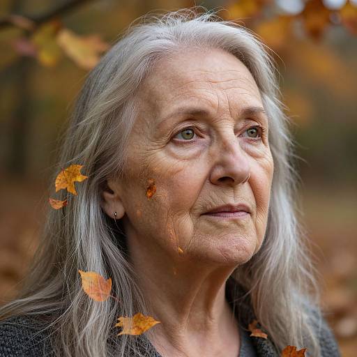 Photograph of an elderly woman with long gray hair, fair skin, and gentle expression, surrounded by autumn leaves, looking upwards. Warm, natural light