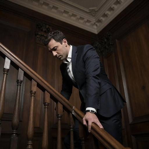 Man in Suit Leaning on Staircase Railing