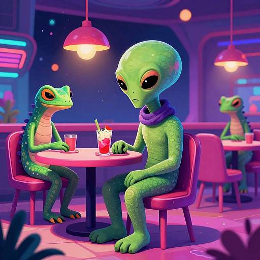 Digital illustration of two green alien lizards with large eyes sitting at a neon-lit café table, each with a drink, under pink pendant lights,
