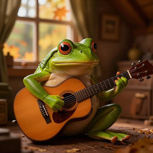 Frog Playing Guitar in Cozy Cabin